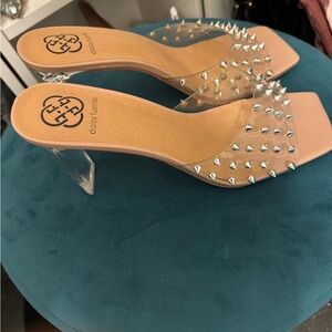 Daisy Fuentes Nude Clear Studded Mule Heels